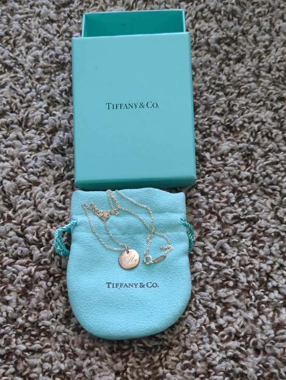 Tiffany & Co. Silver Disc Necklace with Tiffany Blue Pouch And Box - Letter A